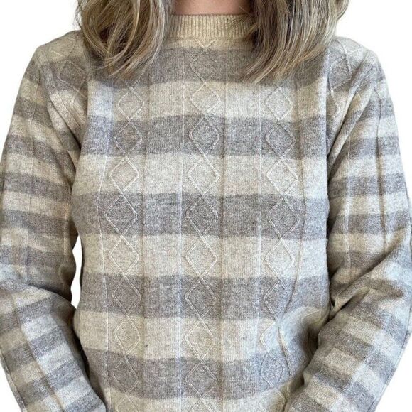 Vintage 80s Womens Brown Cream Striped 100% Lambswool Soft Crewneck Sweater Sz M - Picture 4 of 7